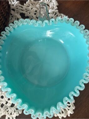 Fenton turquoise/aqua silver crest handled heart candy dish